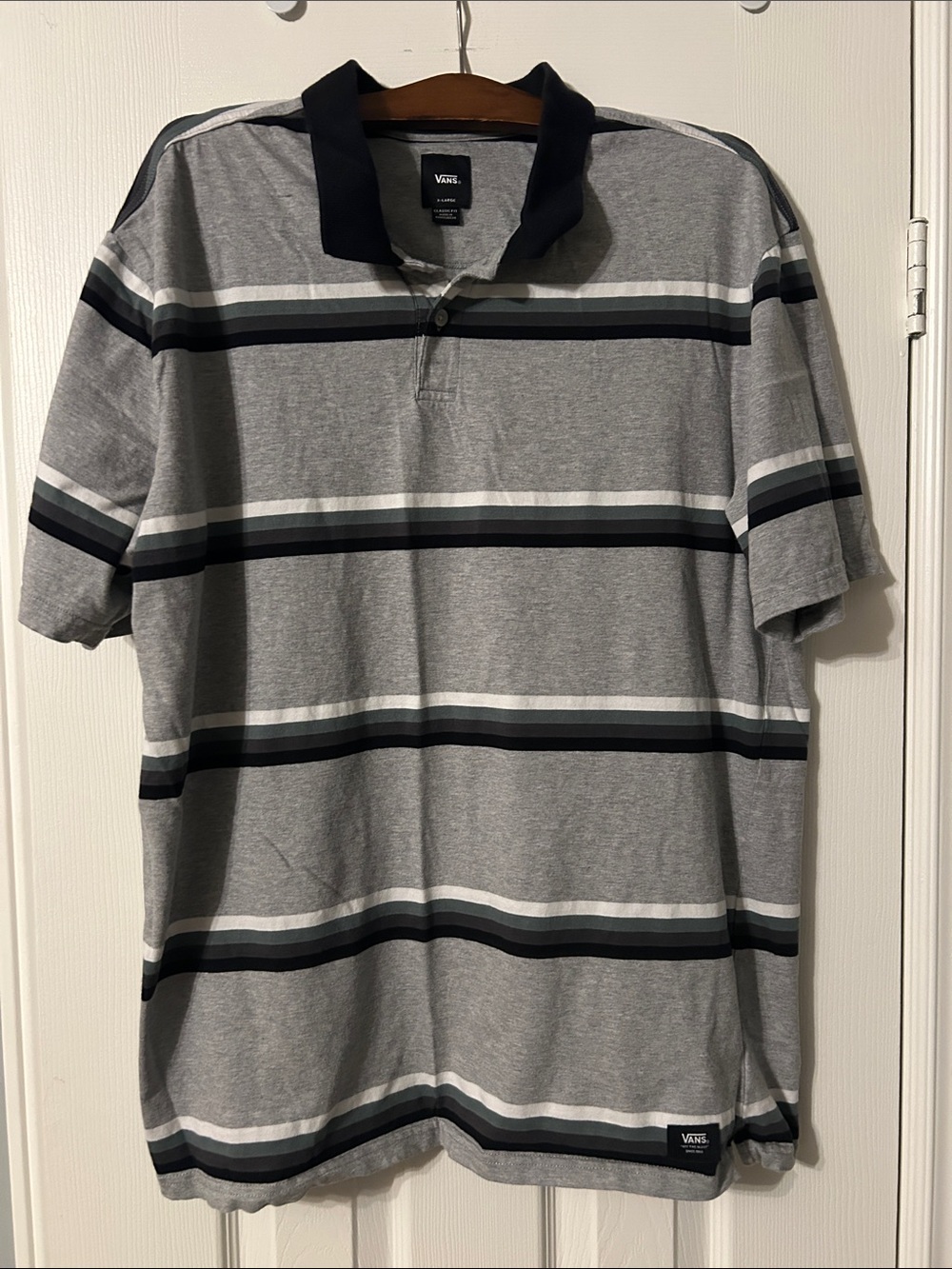 Vans Men's Gray Polo with Navy and White Stripes